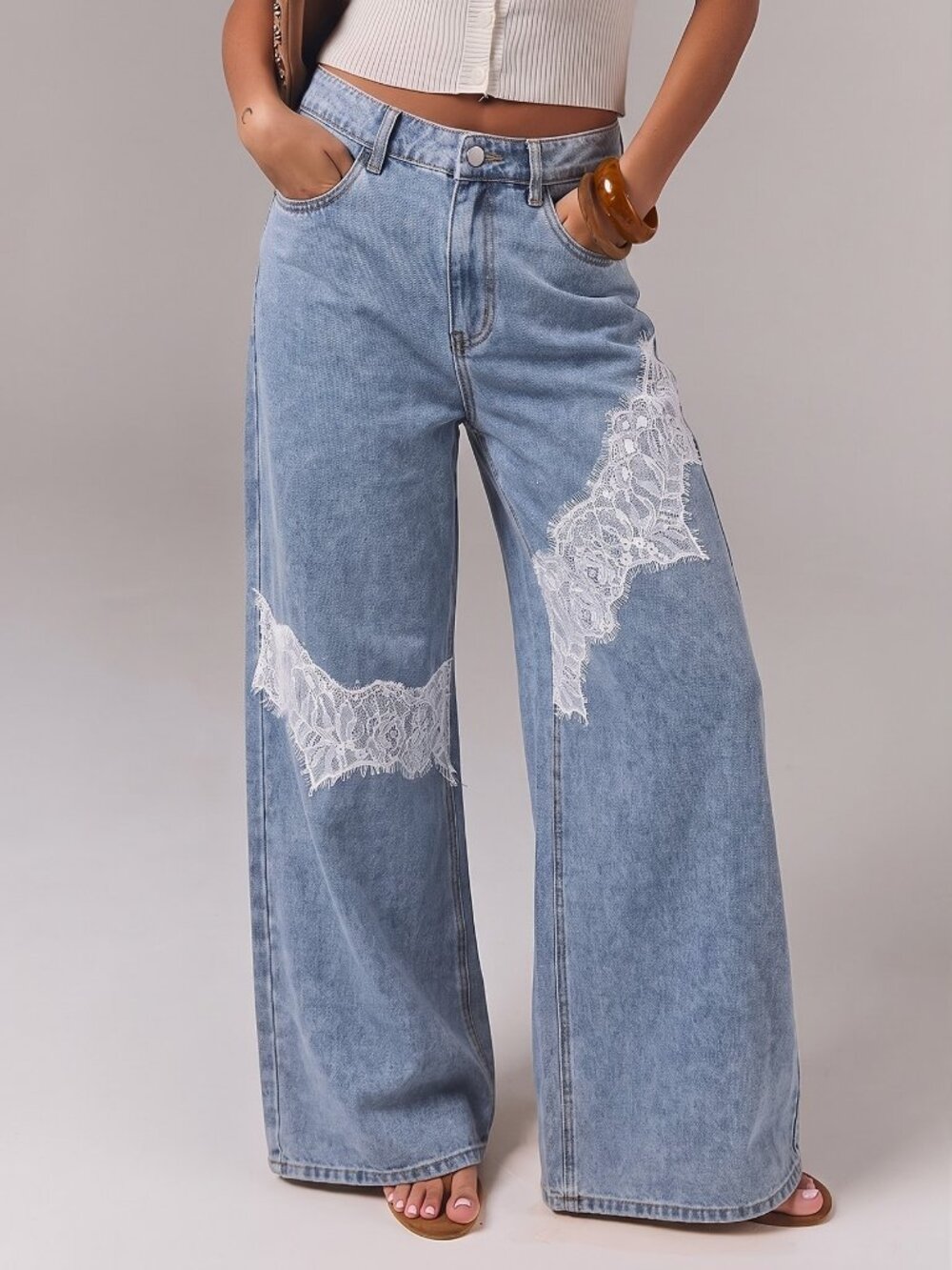 Blue Light Wash Casual Women's Wide Leg Denim Jeans With Lace